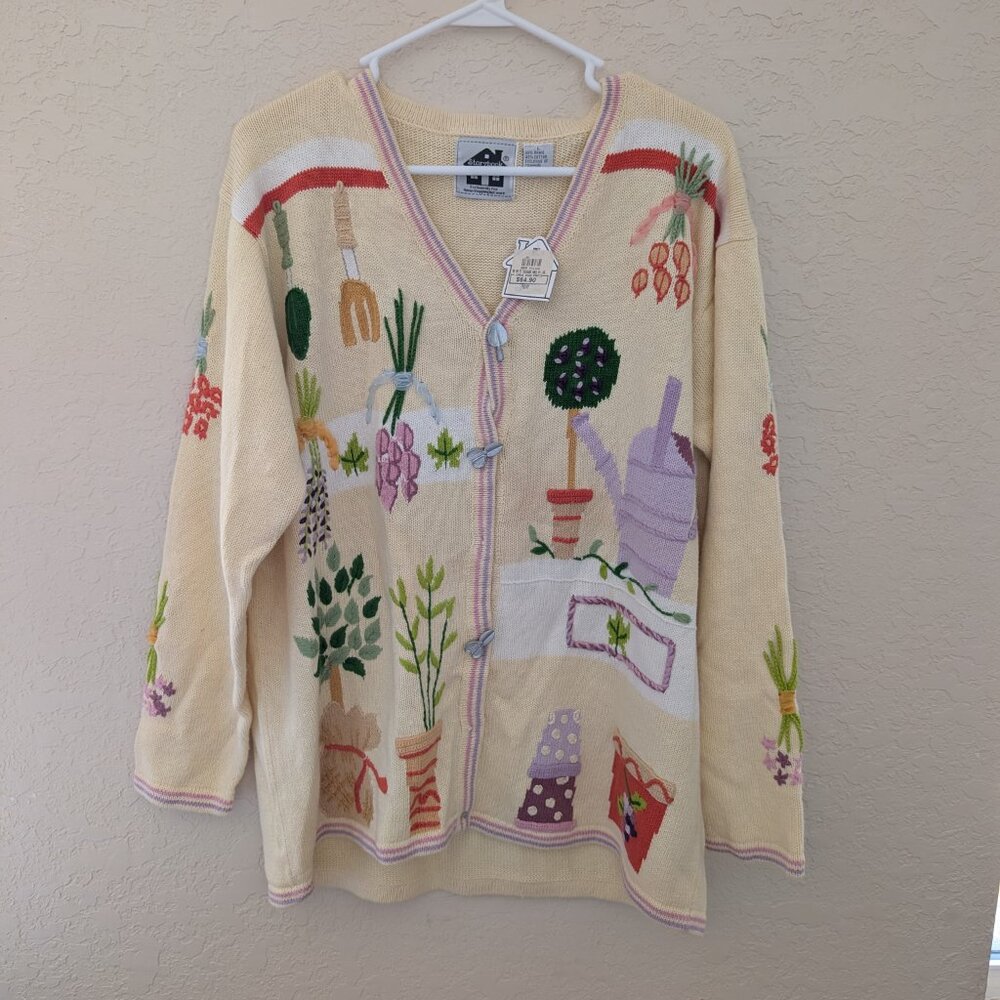 Vintage Story Book Knits Garden Spring Butter Yellow Cardigan Size L NWT - Picture 2 of 9